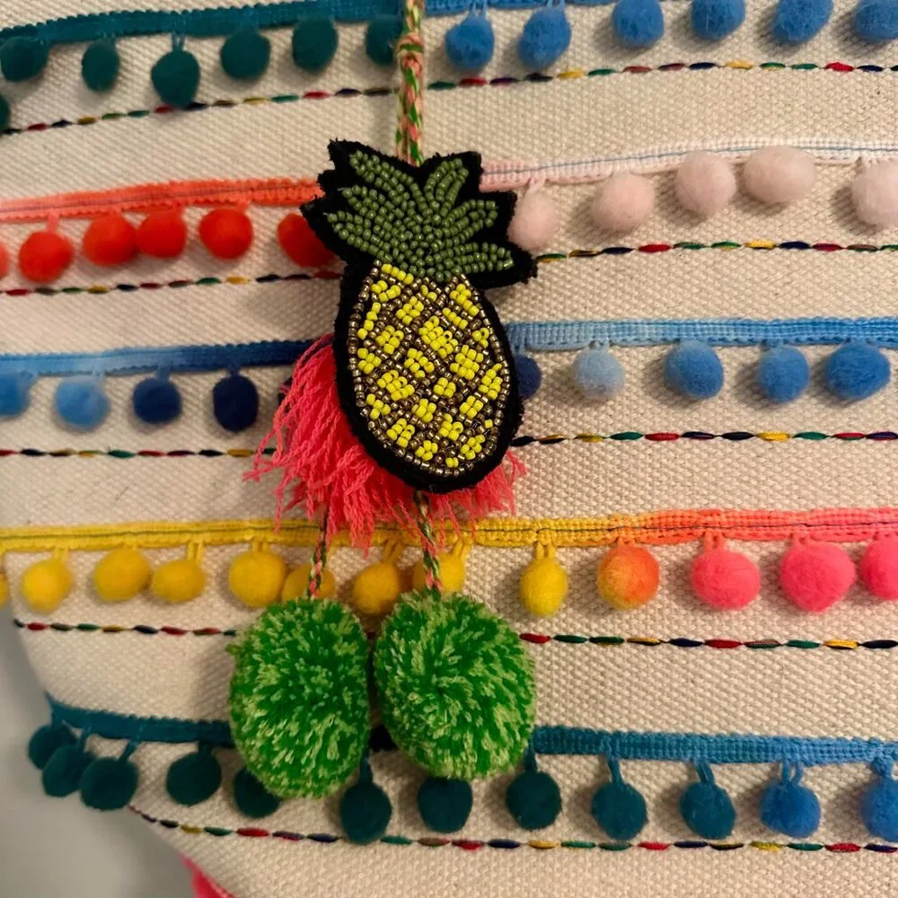 America & Beyond Canvas Tote Bag Pom Poms Bucket Style Purse Beach Boho - Picture 2 of 7